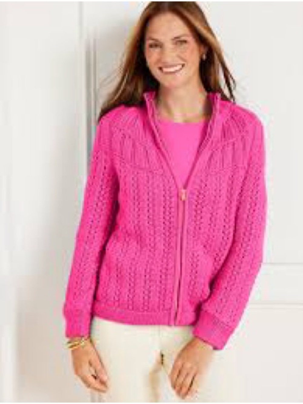 Talbots Bright Pink Mixed Stitch Cable Knit Zip Cardigan